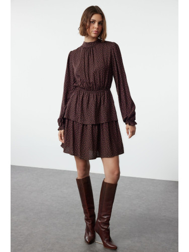 Trendyol Brown Polka Dot Waist Opening Flounce Crew Neck Mini Woven Dress