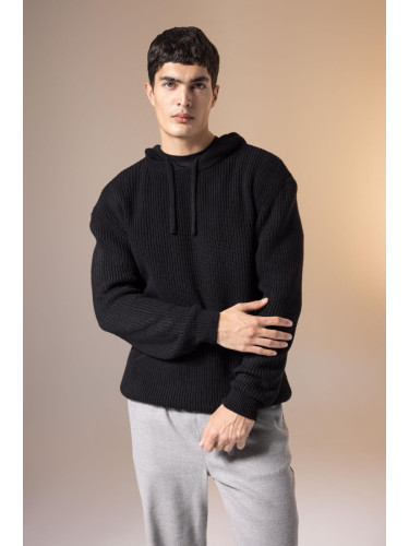 DEFACTO Black Relax Fit Hooded Basic Plain Knitwear Sweater