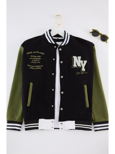 Trendyol Black Regular Cut Embroidered Detailed College Jacket