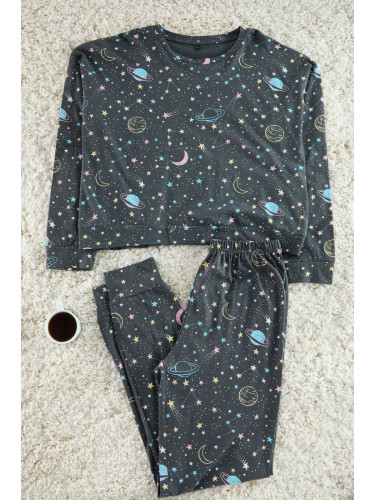 Trendyol Anthracite 100% Cotton Galaxy Patterned Knitted Pajama Set