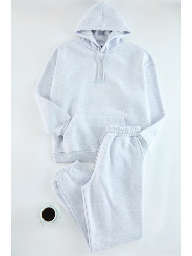 Trendyol Grey Melange Oversize/Wide Cut Elastic Leg Basic Fleece Inside Tracksuit