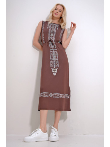 Trend Alaçatı Stili Women's Brown Embroidery Printed Bohemian Dress