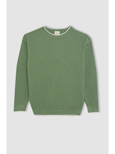 DEFACTO Boy Green Crew Neck 100% Cotton Basic Plain Knitwear Sweater