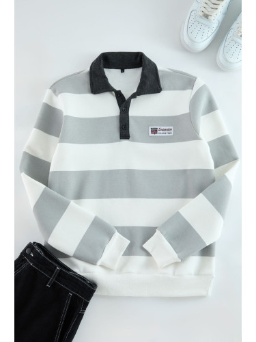 Trendyol Ecru Regular/Normal Cut Polo Collar Striped Polar Fleece Inside Cotton Sweatshirt