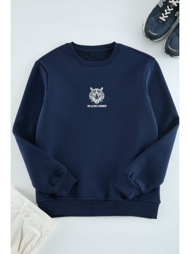 Trendyol Navy Blue Oversize/Wide Cut Animal Print Cotton Sweatshirt