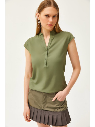 Olalook Women's Khaki V-Neck 4-Button Viscose Blouse