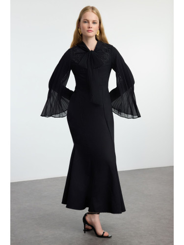 Trendyol Black Embroidered Detailed Chiffon Sleeve Woven Evening Dress