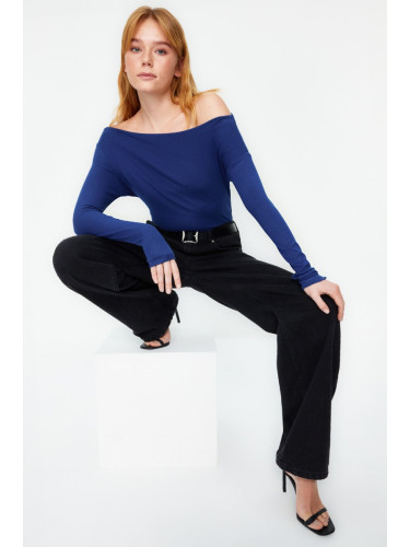 Trendyol Light Navy Blue Premium Soft Fabric Fitted Boat Neck Knitted Blouse