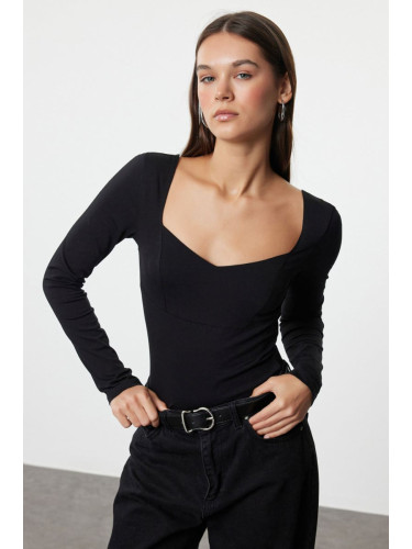 Trendyol Black Fitted Long Sleeve Sweetheart Neckline Cotton Stretch Knitted Blouse