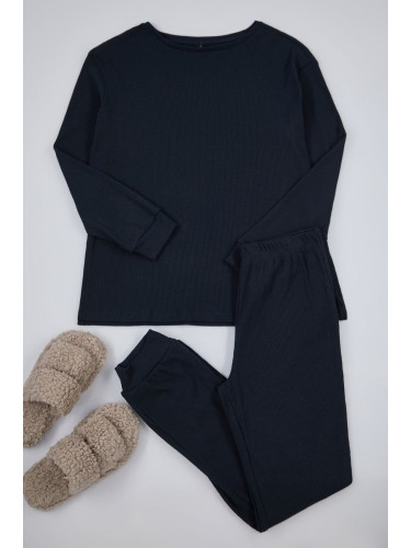 Trendyol Navy Blue Cotton Ribbed Wide Pattern Knitted Pajama Set