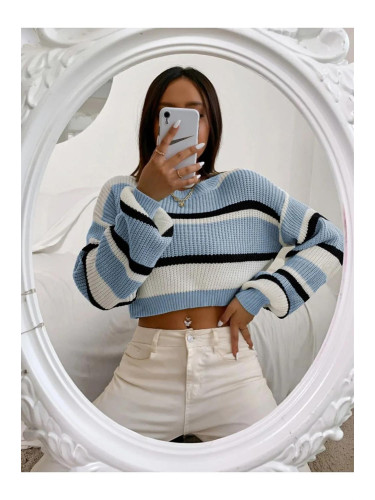 49425 Dewberry Striped Knit Crop Women Sweater-BLUE