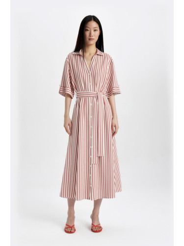 DEFACTO Shirt Collar Striped Belted Linen Short Sleeve Midi Dress