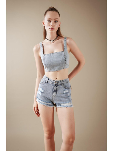 DEFACTO Crop Square Neck 100% Cotton Jean Blouse