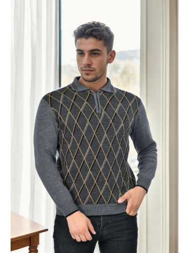 29477 Dewberry Zippered Polo Collar Mens Sweater-GREY