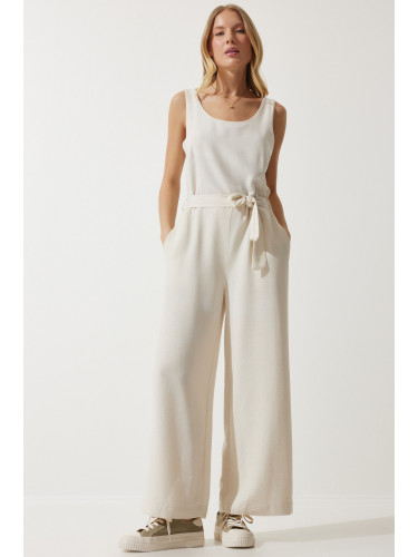 Happiness İstanbul Women's Cream Belted Linen Jumpsuit