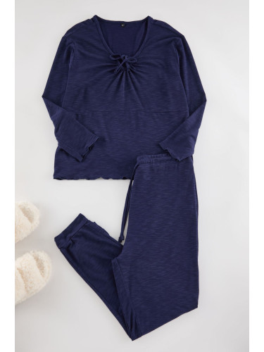 Trendyol Curve Navy Blue U-Neck Tie-up Knitted Pajamas Set