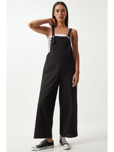 Happiness İstanbul Women's Black Strappy Thin Gabardine Summer Gardener Overalls