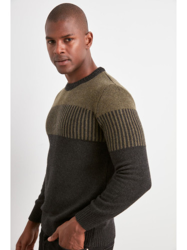 Trendyol Khaki Slim Wool Crew Neck Color Block Knitwear Sweater