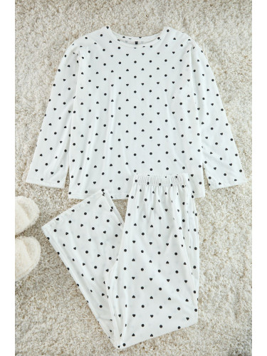 Trendyol Curve Ecru Heart and Polka Dot Patterned Knitted Pajama Set