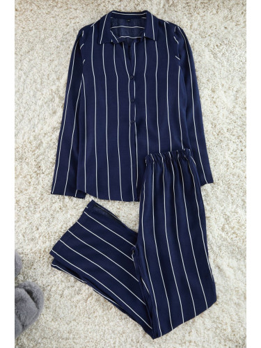 Trendyol Navy Blue Striped Slit Detailed Viscose Shirt-Pants Woven Pajama Set