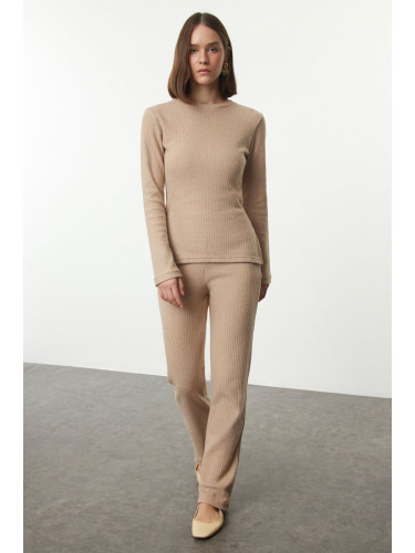 Trendyol Camel Side Slits Regular/Normal Cut Crew Neck Knitted Bottom-Top Set