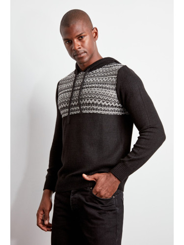 Trendyol Black Slim Fit Hooded Ethnic Knitwear Sweater