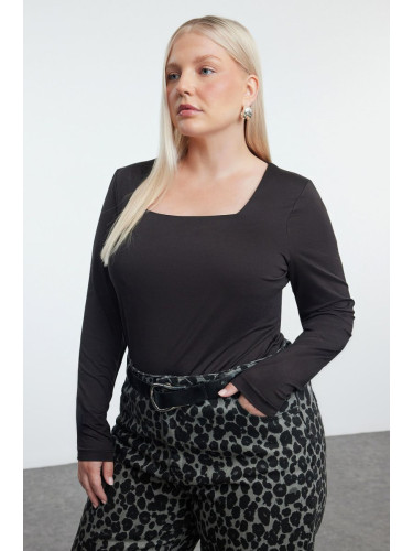 Trendyol Curve Black Premium Square Neck Knitted Plus Size Bodysuit