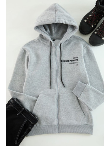 Trendyol Grey Melange Regular/Normal Cut Hooded Slogan Printed Sweatshirt