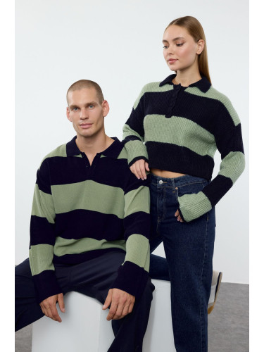 Trendyol Multicolored Regular Couple Polo Collar Striped Knitwear Sweater