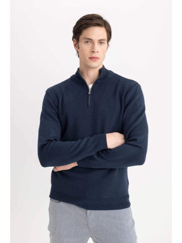 DEFACTO Navy Blue Standard Fit Regular Cut Semi-Zipped Stand Collar Knitwear Sweater