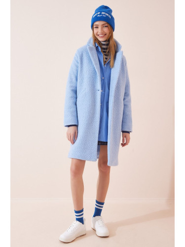 Happiness İstanbul Women's Baby Blue Wool Blended Boucle Coat