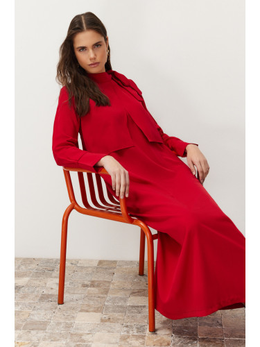 Trendyol Burgundy Collar Tie Detailed Woven Dress