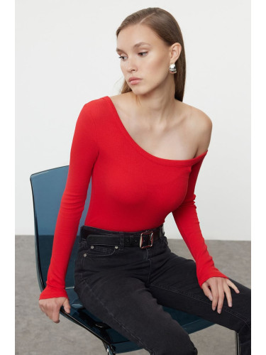 Trendyol Red Fitted Off Shoulder Corded Cotton Stretch Knitted Blouse