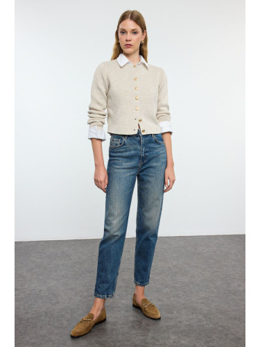 Trendyol Dark Blue Faded Effect Vintage High Waist Slim Mom Jeans