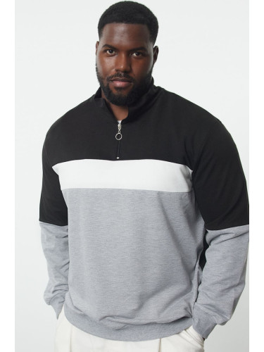 Trendyol Large Size Black Slim/Narrow Cut Paneled Long Sleeve Judge Collar Zipper Sweatshirt