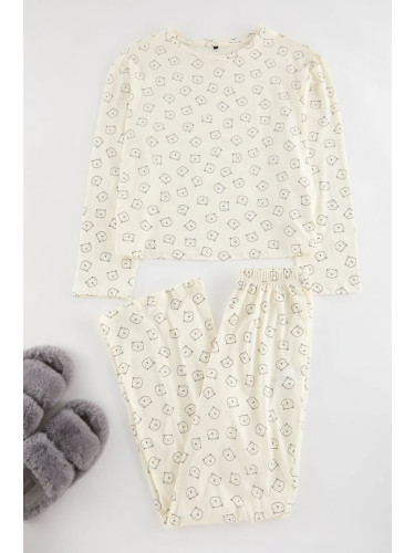 Trendyol Ecru 100% Cotton Teddy Bear Patterned Knitted Pajama Set