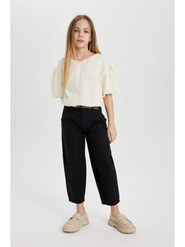 DEFACTO Girl's Barrel Fit Wide Leg Cotton Belted Trousers