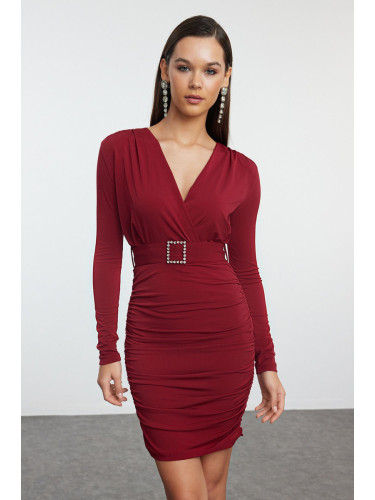 Trendyol Burgundy Burgundy Belt Detailed Knitted Short Elegant Evening Dress