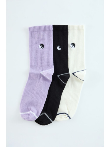 Trendyol Lila Unisex 3-Piece Ying-Yang Embroidered Cotton Striped College-Tennis-Medium Size Socks