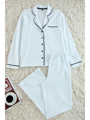 Trendyol Light Blue 100% Cotton Striped Piping Detailed Knitted Pajama Set