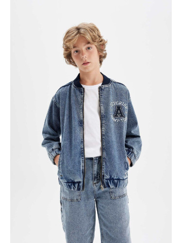 DEFACTO Boys College Collar Zipper Closure Pocket Seasonal Printed Jean Bomber Jacket