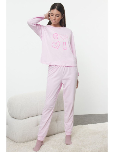 Trendyol Pink 100% Cotton Slogan Heart Knitted Pajamas Set