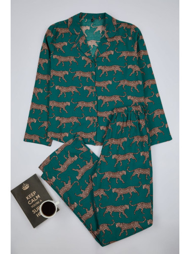 Trendyol Emerald Green Tiger Patterned Viscose Woven Pajama Set