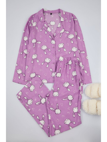 Trendyol Lilac Rabbit and Heart Patterned Viscose Woven Pajama Set