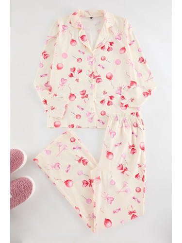 Trendyol Ecru 100% Cotton Heart Knitted Pajama Set