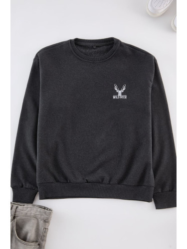 Trendyol Anthracite Melange Oversize/Wide Cut Long Sleeve Animal Embroidered Sweatshirt