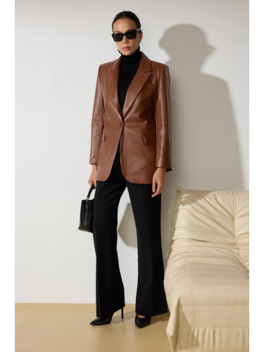 Trendyol Brown Oversized Faux Leather Blazer Jacket