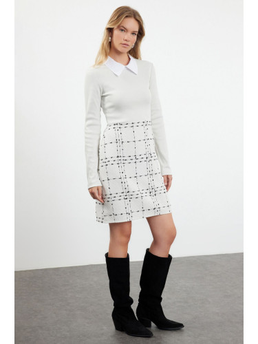 Trendyol Ecru Plaid / Checkered Knit Detailed Mini Woven Dress