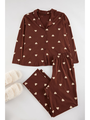 Trendyol Curve Brown Heart Shirt Collar Knitted Pajama Set