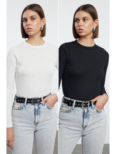 Trendyol Black-Ecru 2 Pack Crew Neck Regular/Normal Fit Knitted Blouse